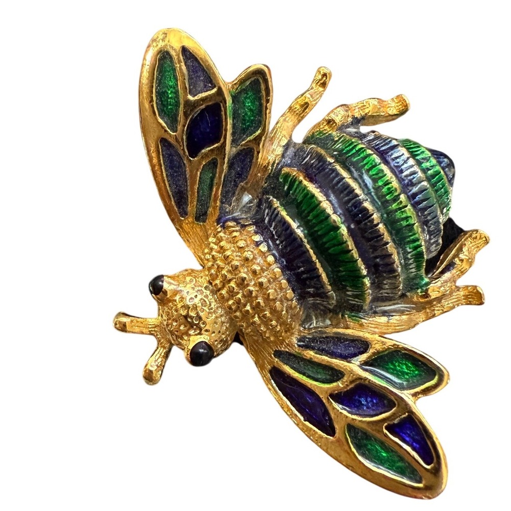 Vintage 60s Sphinx Bee‎ Brooch A2596 Blue & Green Enamel Antique Costume Jewelry